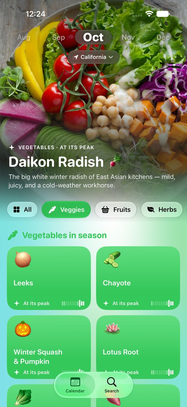 InSeason Today screen showing vegetables in season in October